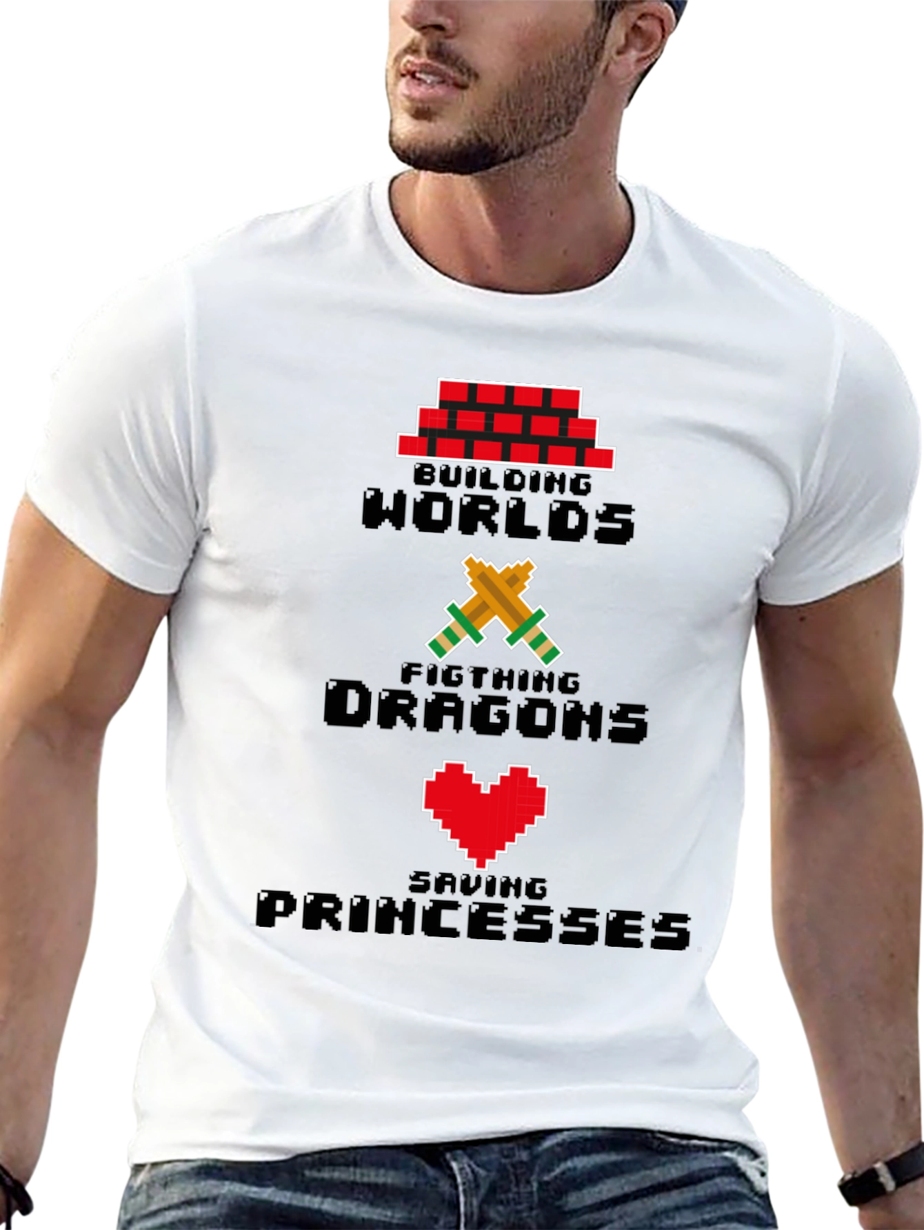 Pixel Gamer T-Shirt - Building Worlds Fighting Dragons