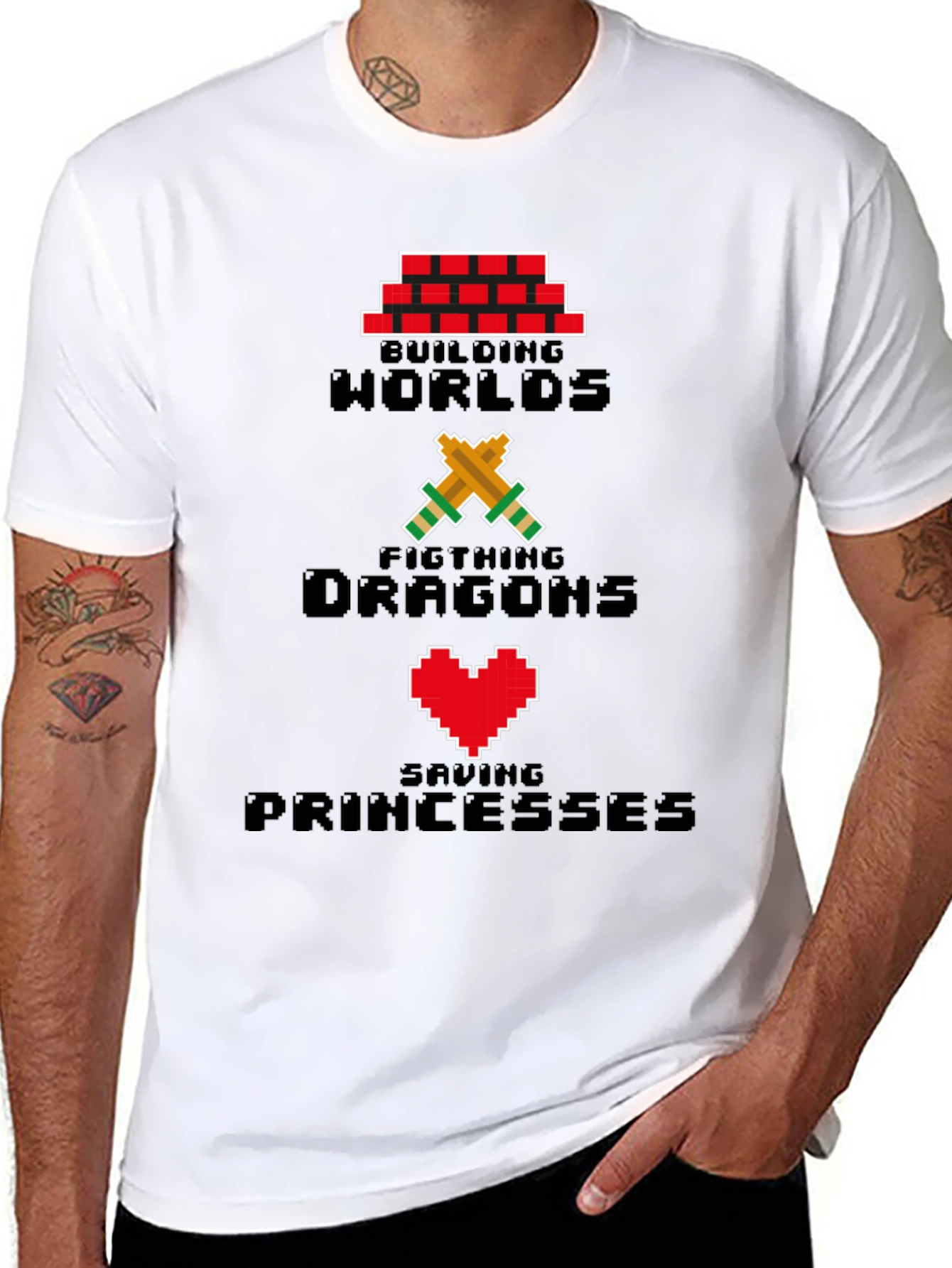 Pixel Gamer T-Shirt - Building Worlds Fighting Dragons