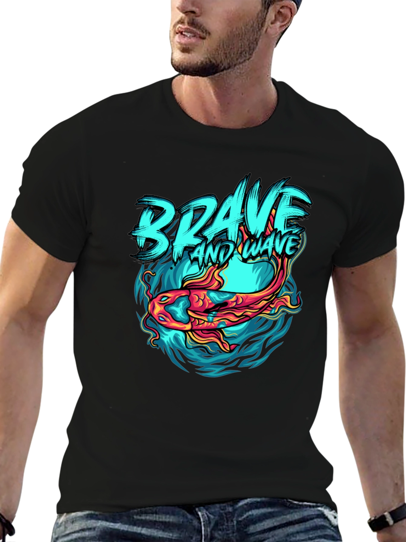 Brave Wave Graphic Print Crew Neck T-Shirt