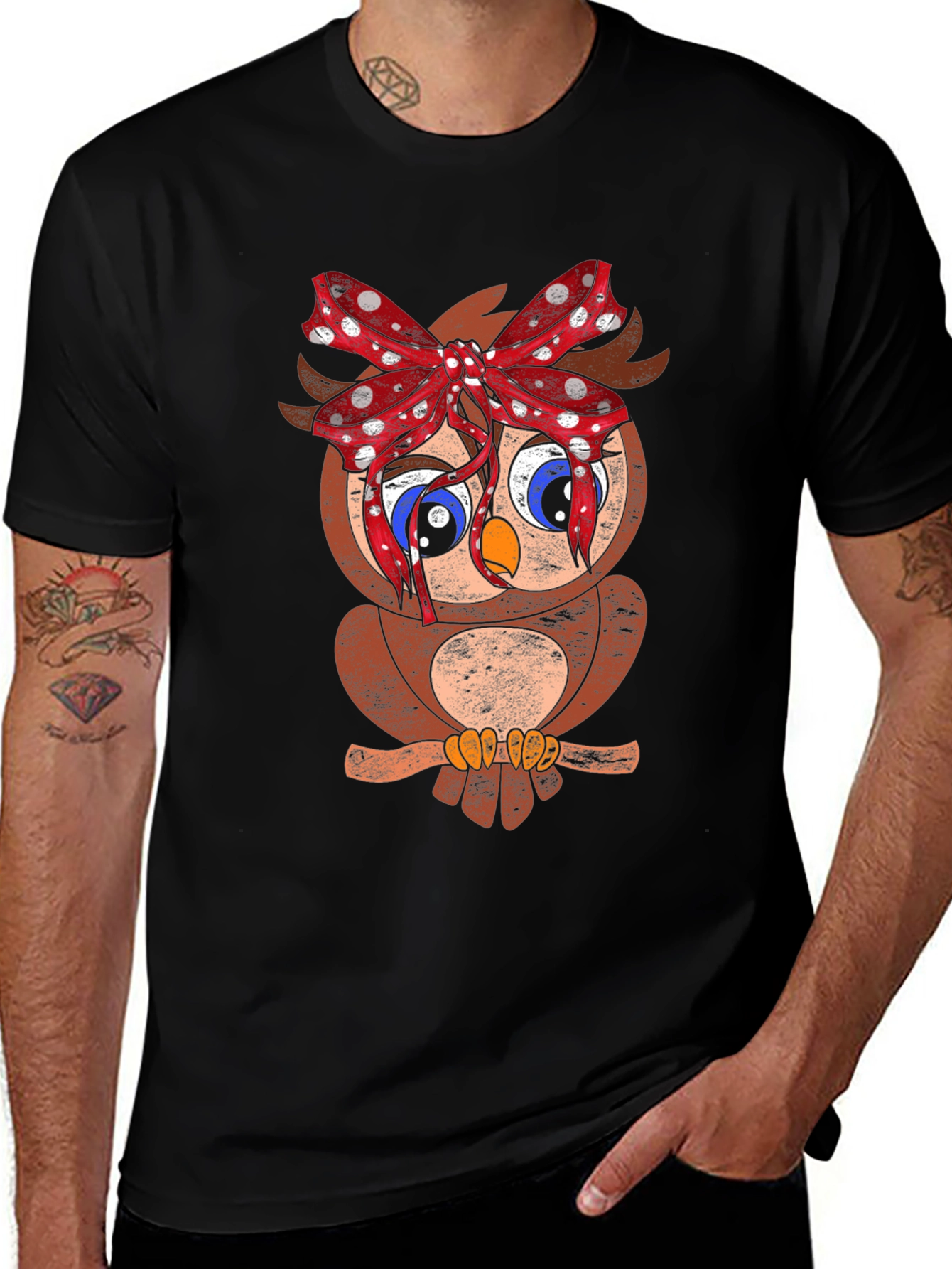 Owl With Bowknot Graphic Black Tee