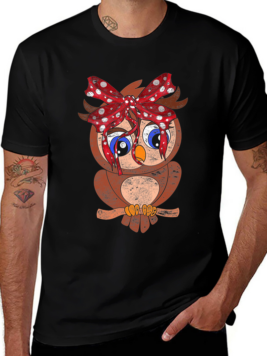 Owl With Bowknot Graphic Black Tee