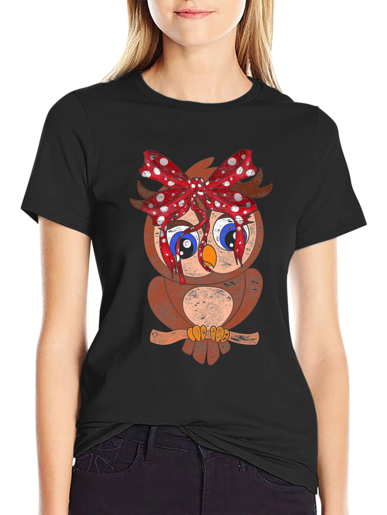 Owl With Bowknot Graphic Black Tee