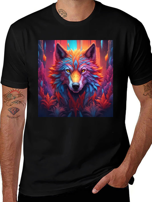 Vibrant Wolf Graphic Black T-Shirt - Eye-Catching Design