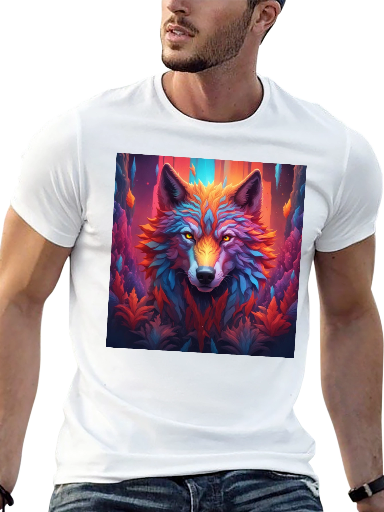 Vibrant Wolf Graphic Black T-Shirt - Eye-Catching Design