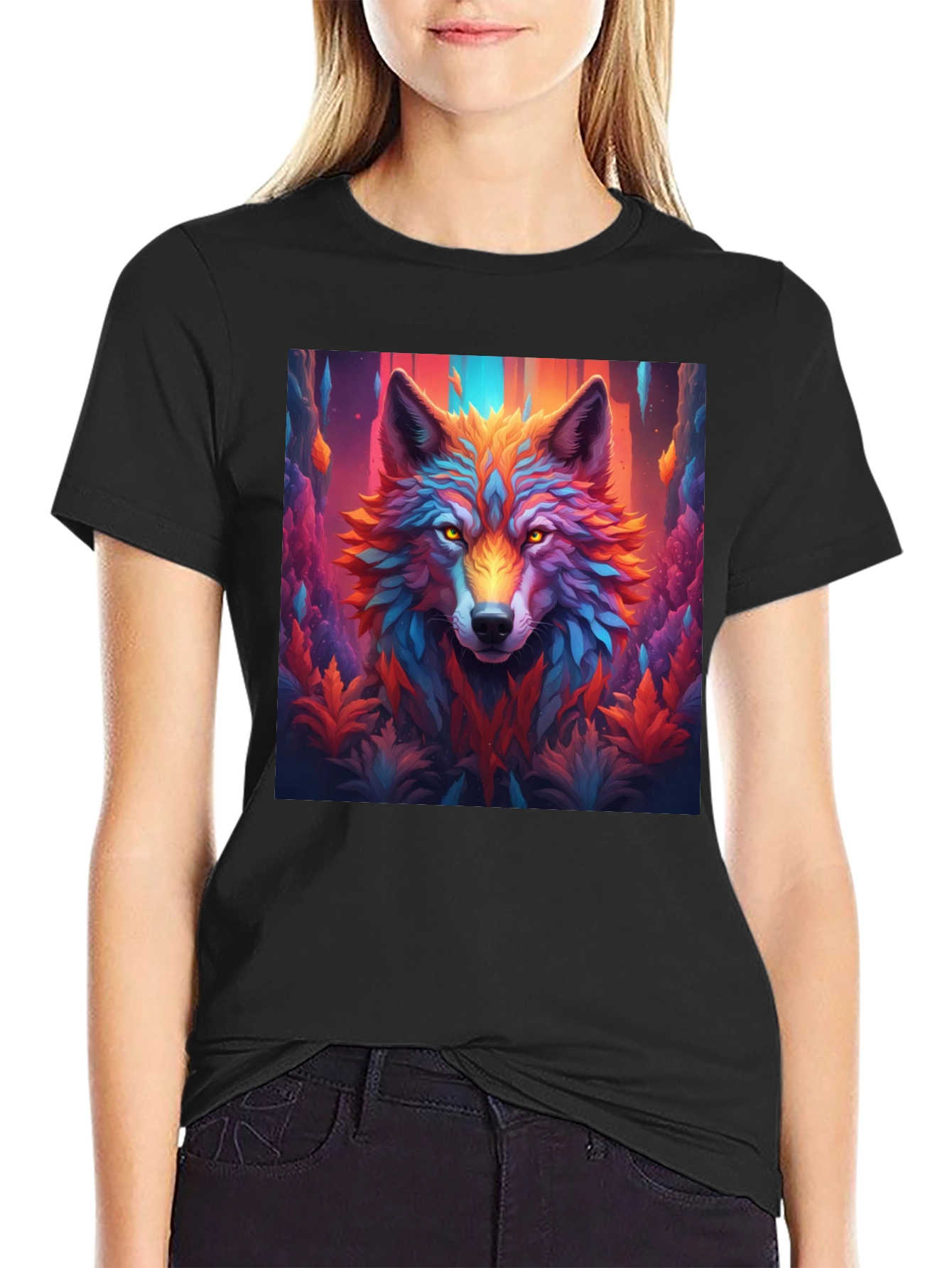 Vibrant Wolf Graphic Black T-Shirt - Eye-Catching Design