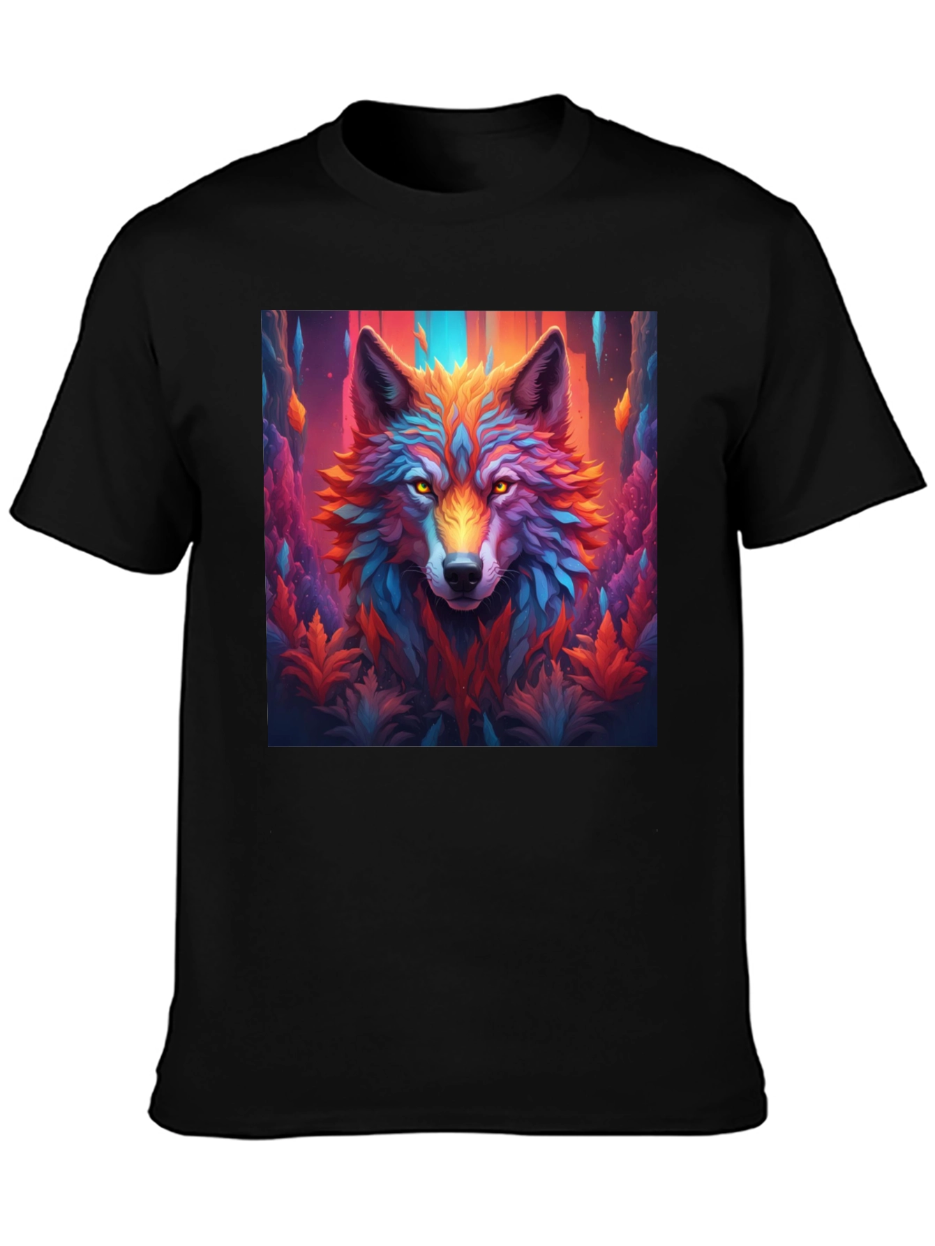 Vibrant Wolf Graphic Black T-Shirt - Eye-Catching Design