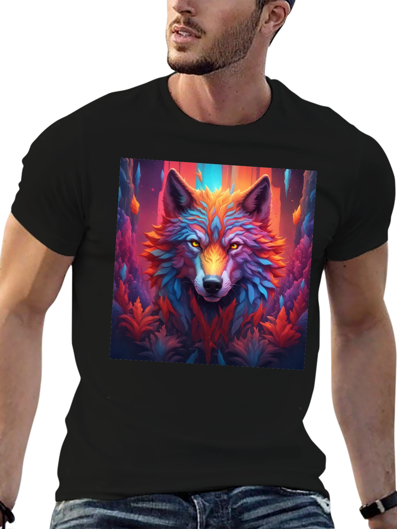 Vibrant Wolf Graphic Black T-Shirt - Eye-Catching Design