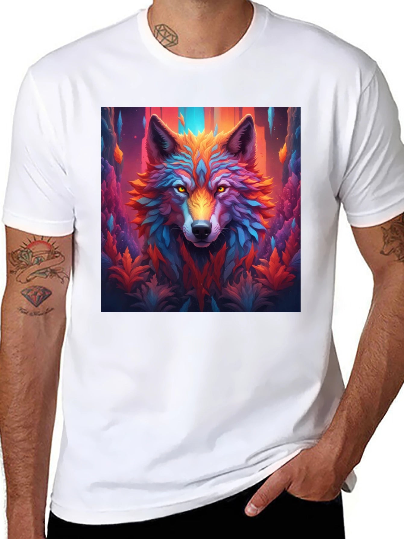 Vibrant Wolf Graphic Black T-Shirt - Eye-Catching Design