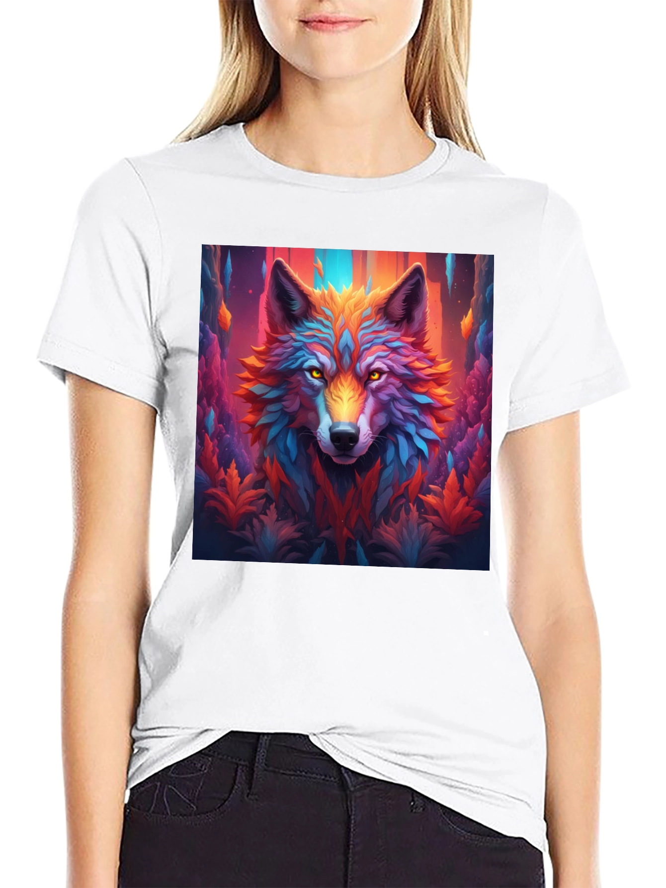 Vibrant Wolf Graphic Black T-Shirt - Eye-Catching Design