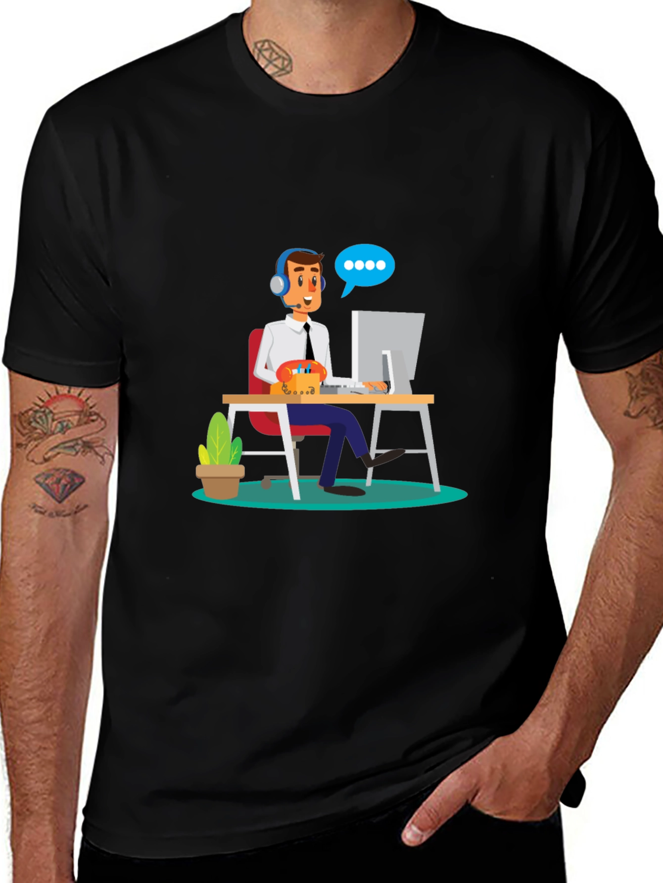 Black T-Shirt with Cartoon Customer Service Design