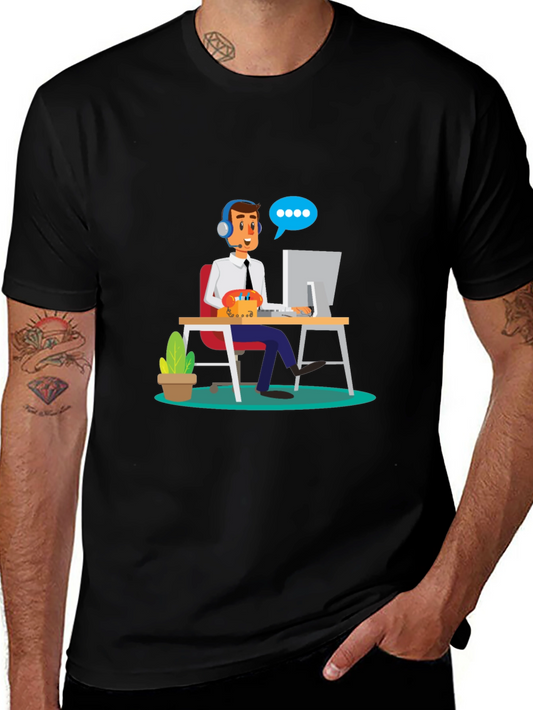 Black T-Shirt with Cartoon Customer Service Design