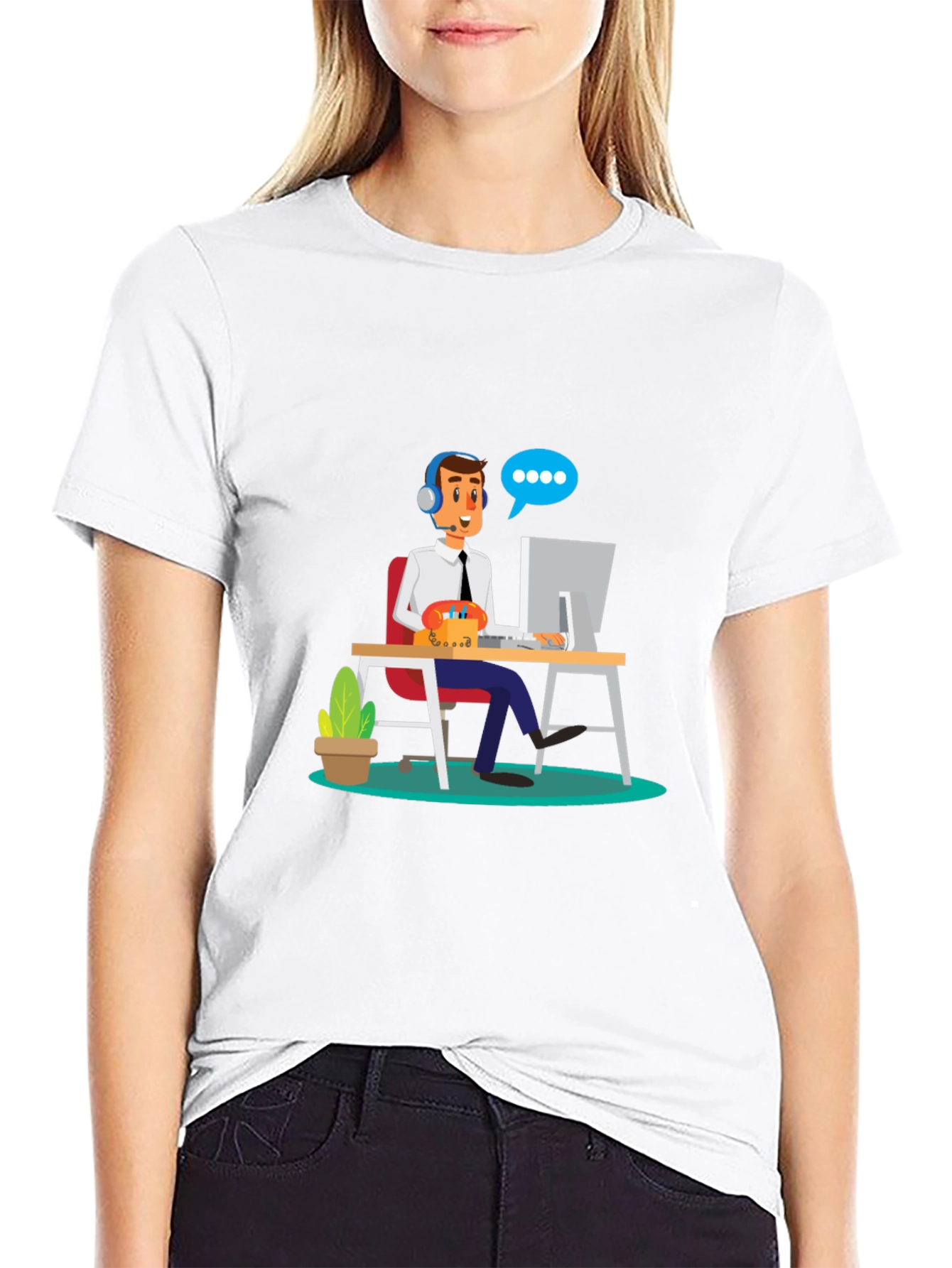 Black T-Shirt with Cartoon Customer Service Design