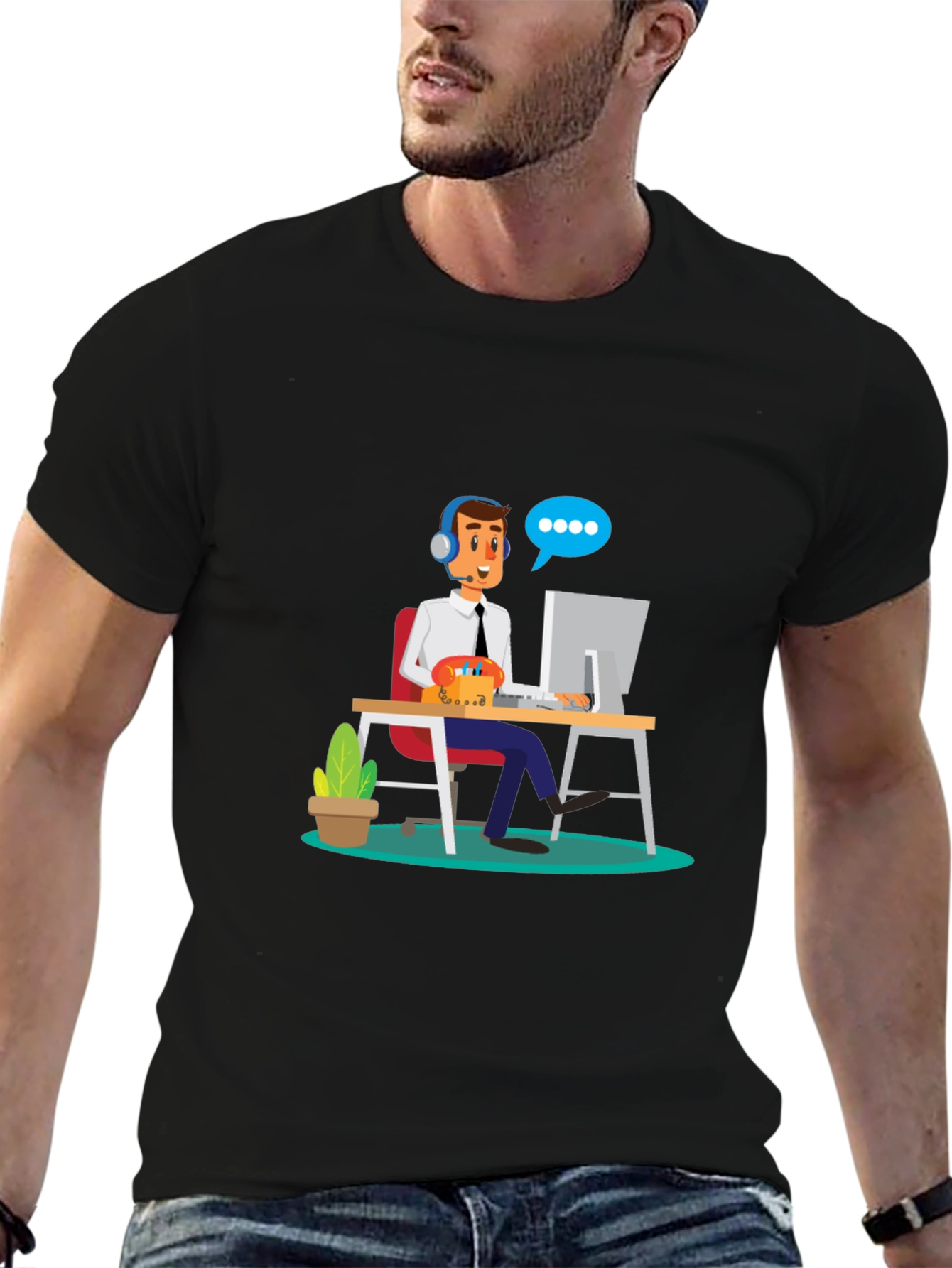 Black T-Shirt with Cartoon Customer Service Design