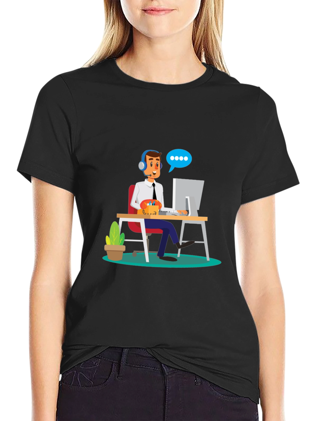 Black T-Shirt with Cartoon Customer Service Design