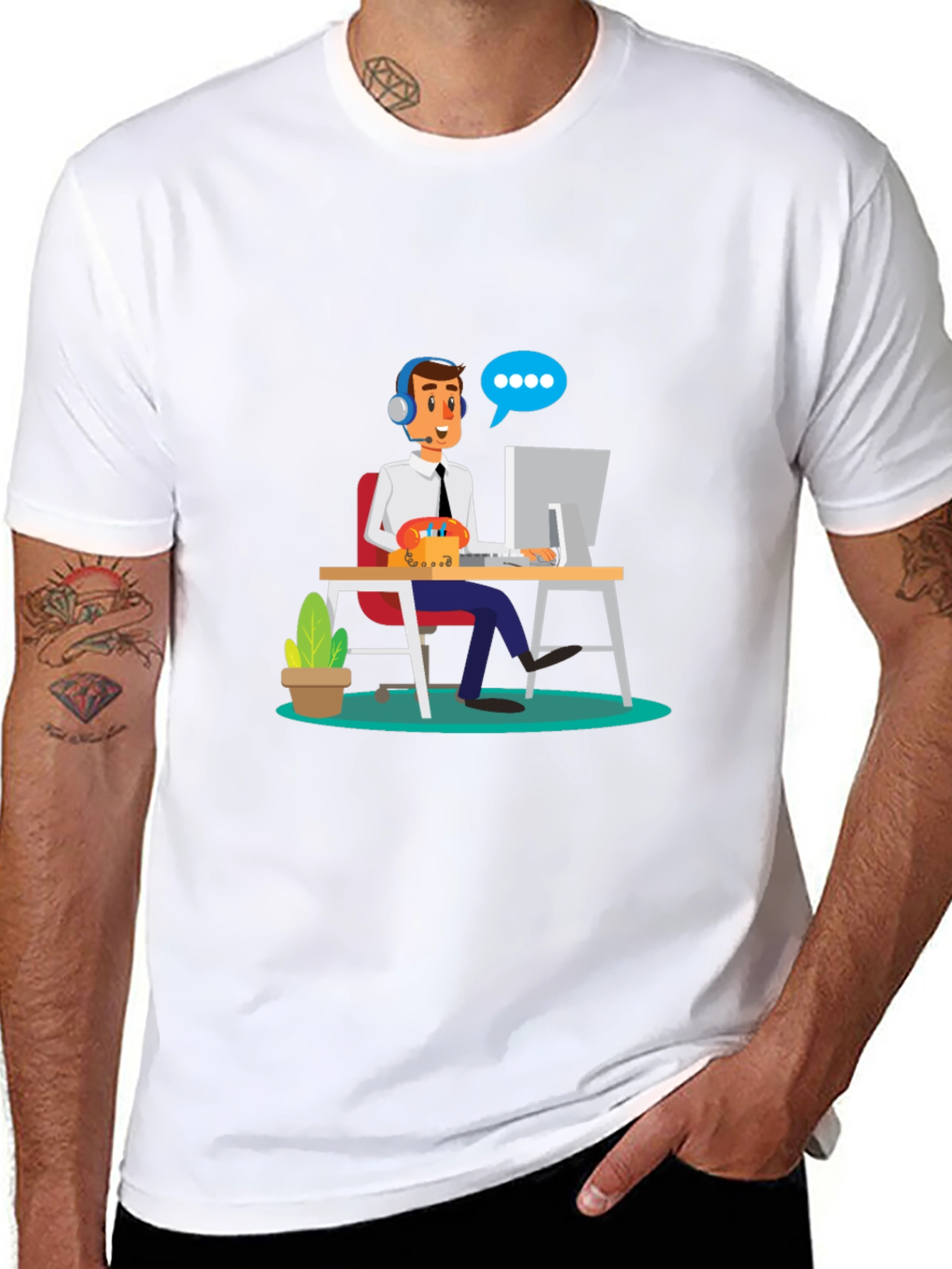 Black T-Shirt with Cartoon Customer Service Design