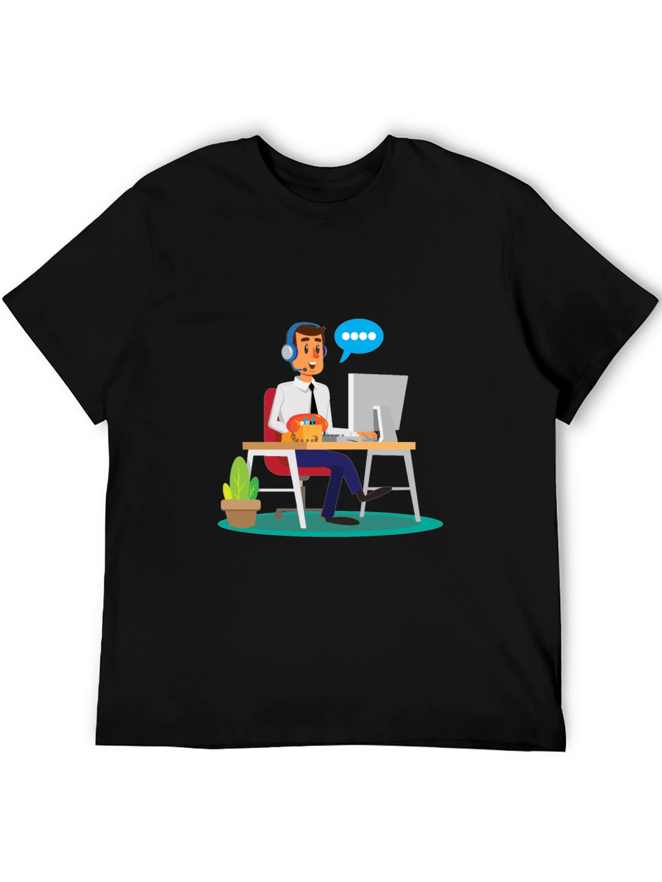 Black T-Shirt with Cartoon Customer Service Design