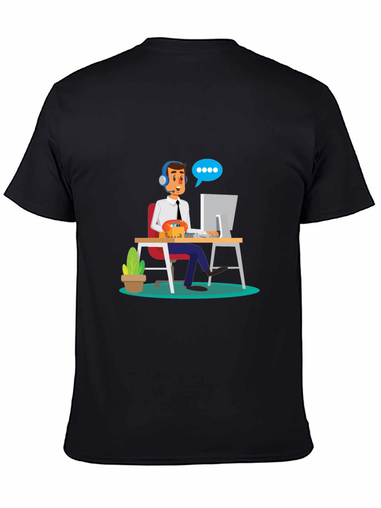 Black T-Shirt with Cartoon Customer Service Design