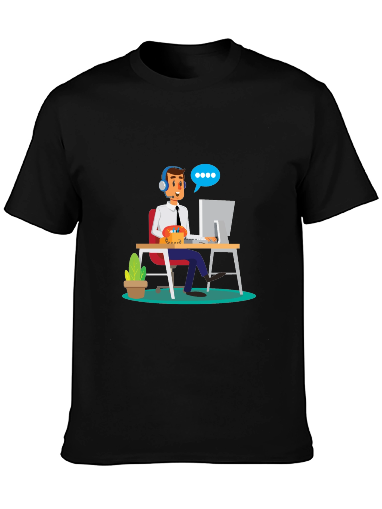 Black T-Shirt with Cartoon Customer Service Design