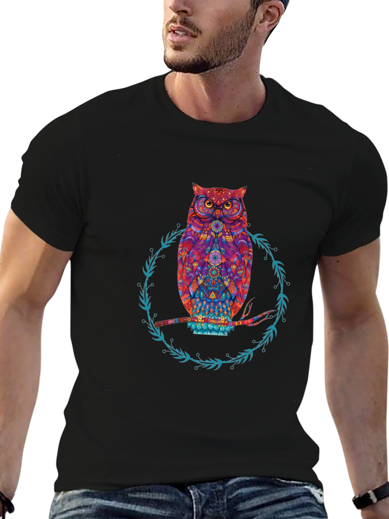 Owl Graphic Print Tee - Stylish Mens Black T-Shirt
