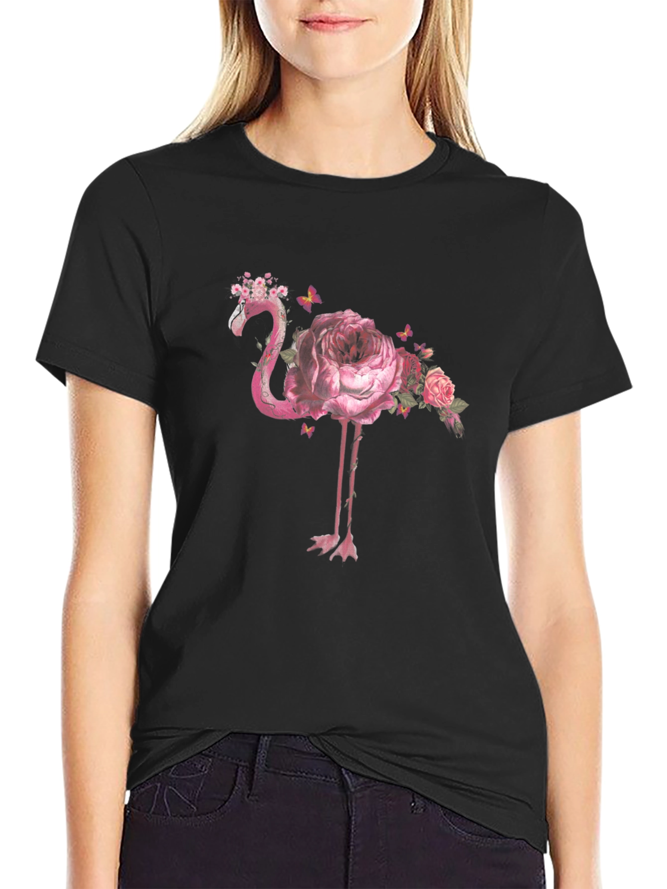 Floral Flamingo Graphic Tee - Black Cotton Shirt