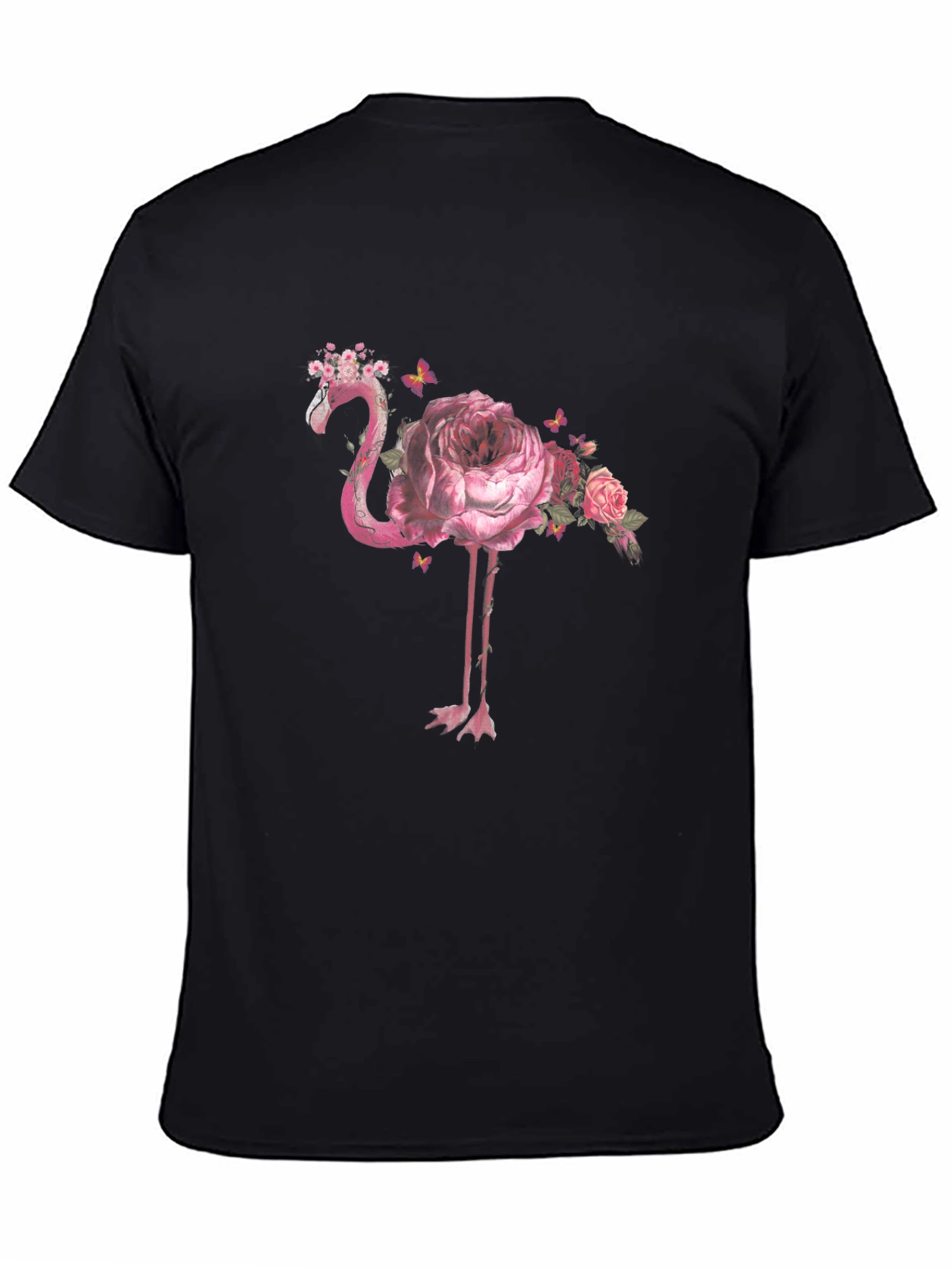 Floral Flamingo Graphic Tee - Black Cotton Shirt