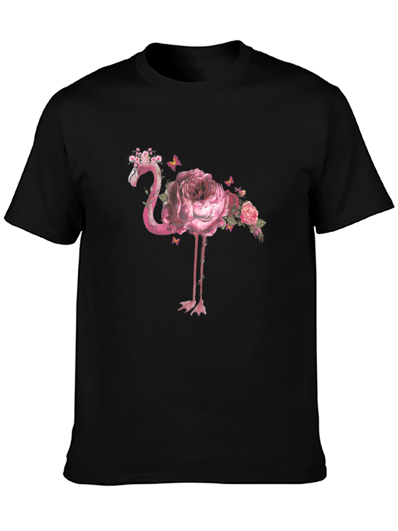 Floral Flamingo Graphic Tee - Black Cotton Shirt