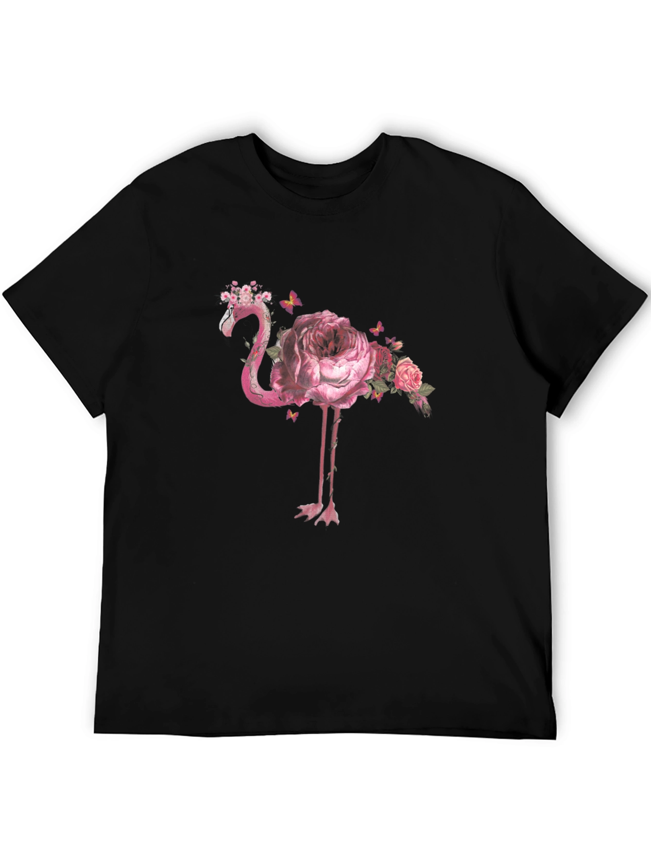 Floral Flamingo Graphic Tee - Black Cotton Shirt