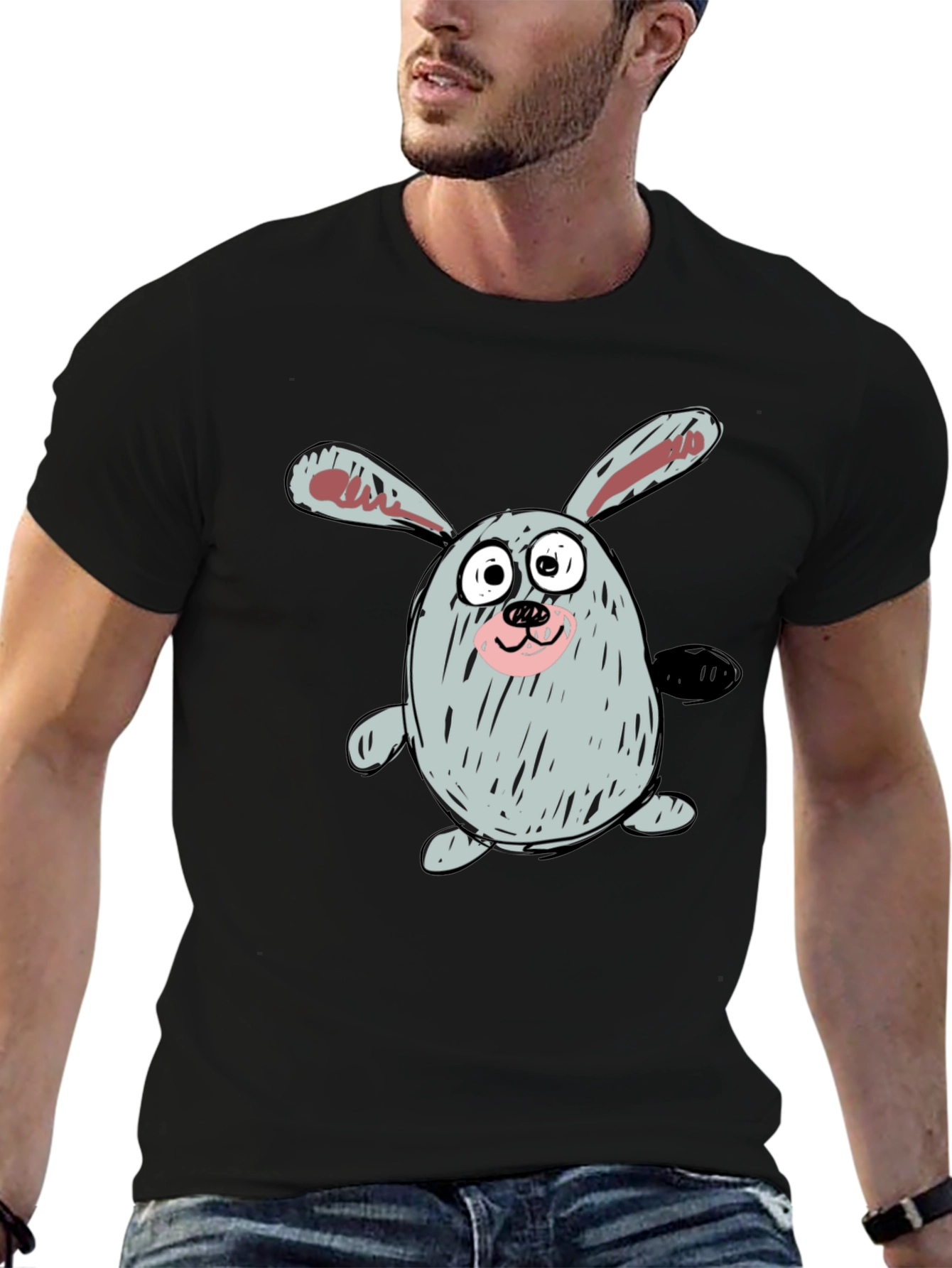 Cartoon Bunny Graphic Tee - Casual Black T-Shirt