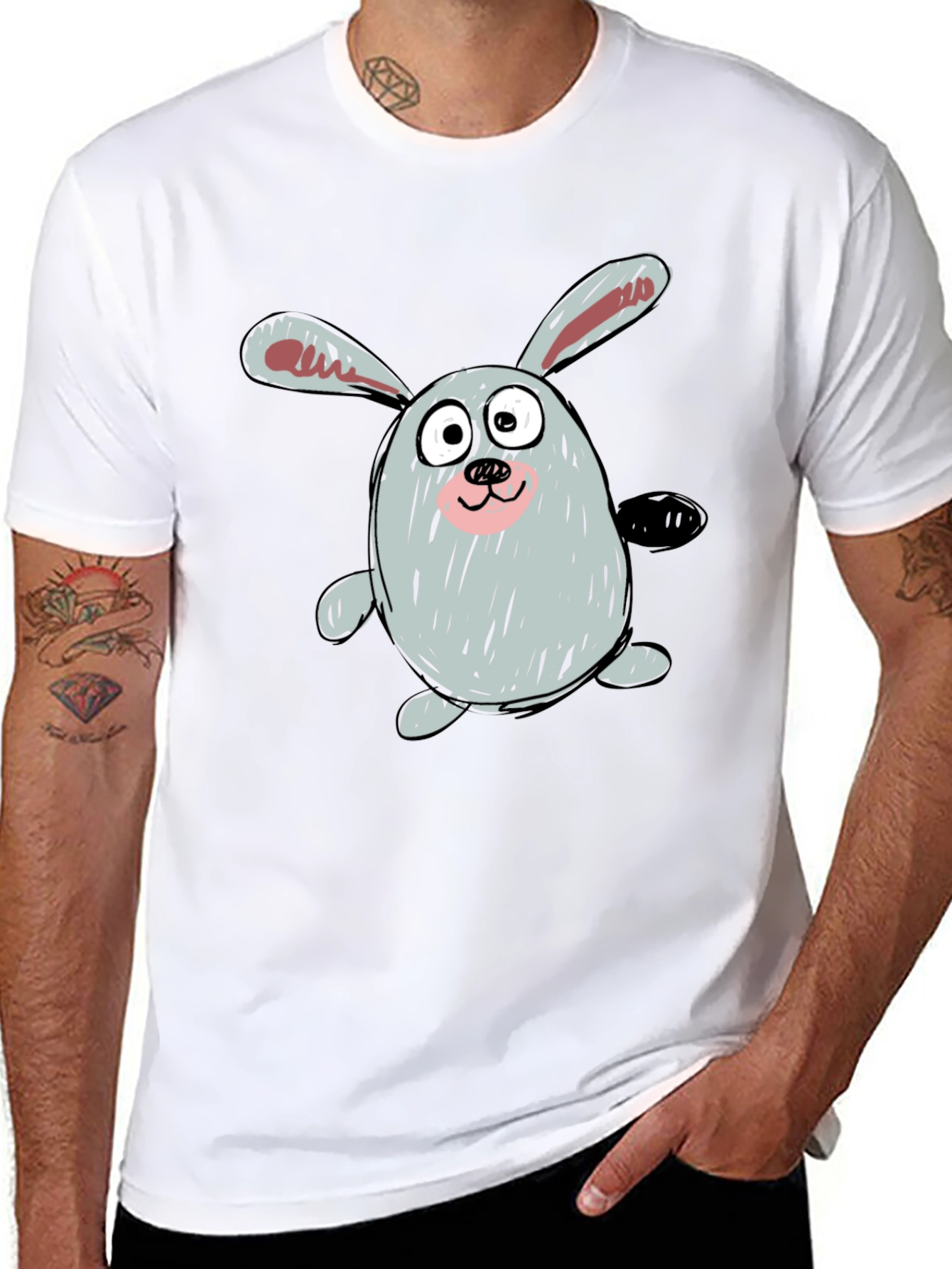 Cartoon Bunny Graphic Tee - Casual Black T-Shirt