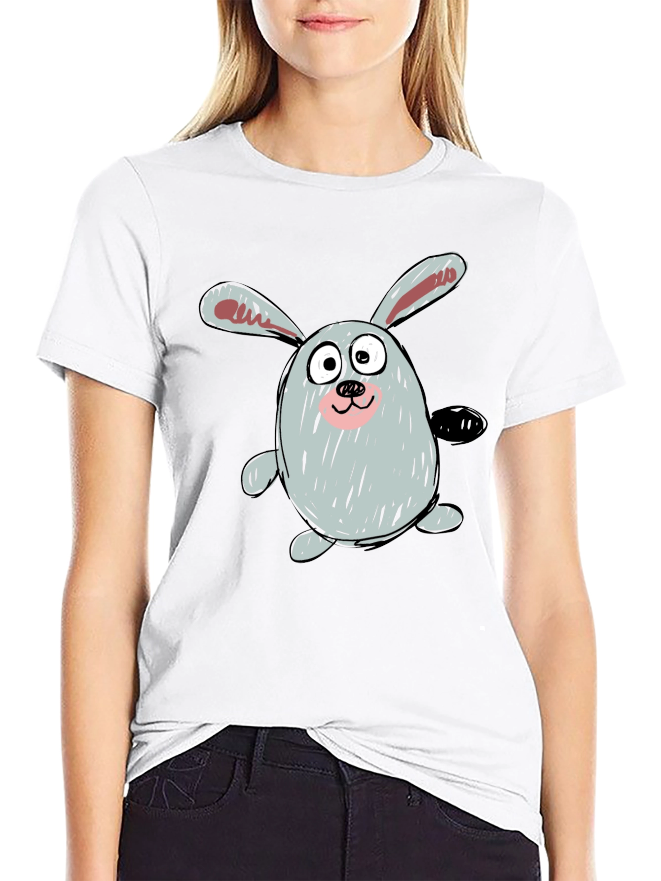 Cartoon Bunny Graphic Tee - Casual Black T-Shirt