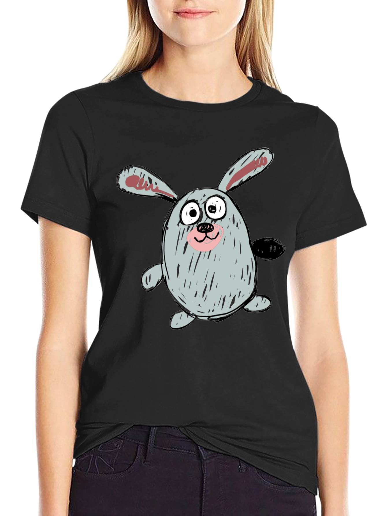 Cartoon Bunny Graphic Tee - Casual Black T-Shirt