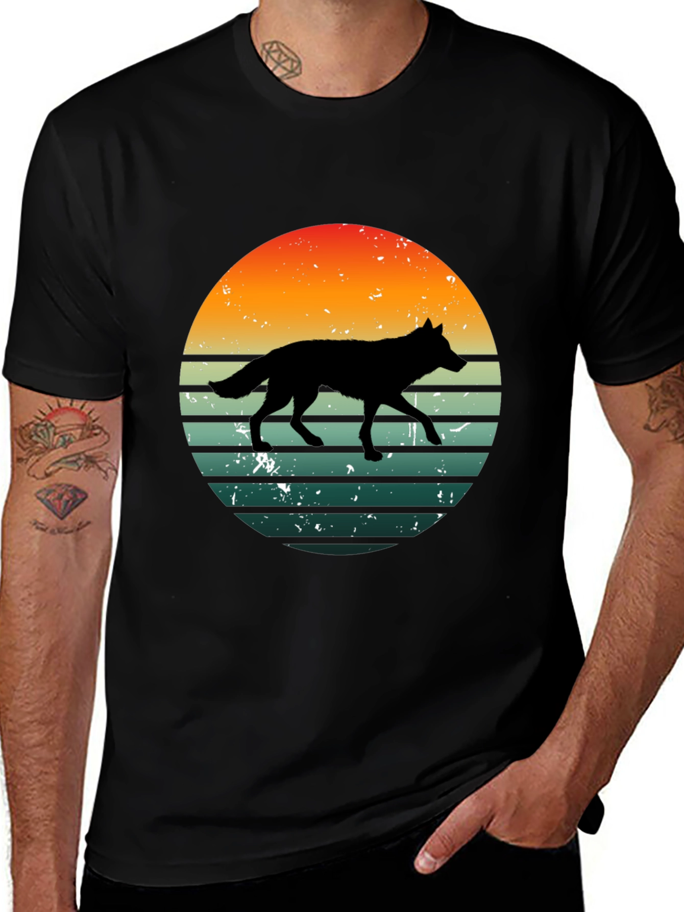 Retro Wolf Sunset Graphic Tee - Black Cotton T-Shirt