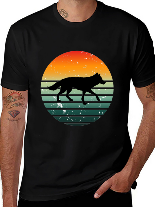 Retro Wolf Sunset Graphic Tee - Black Cotton T-Shirt