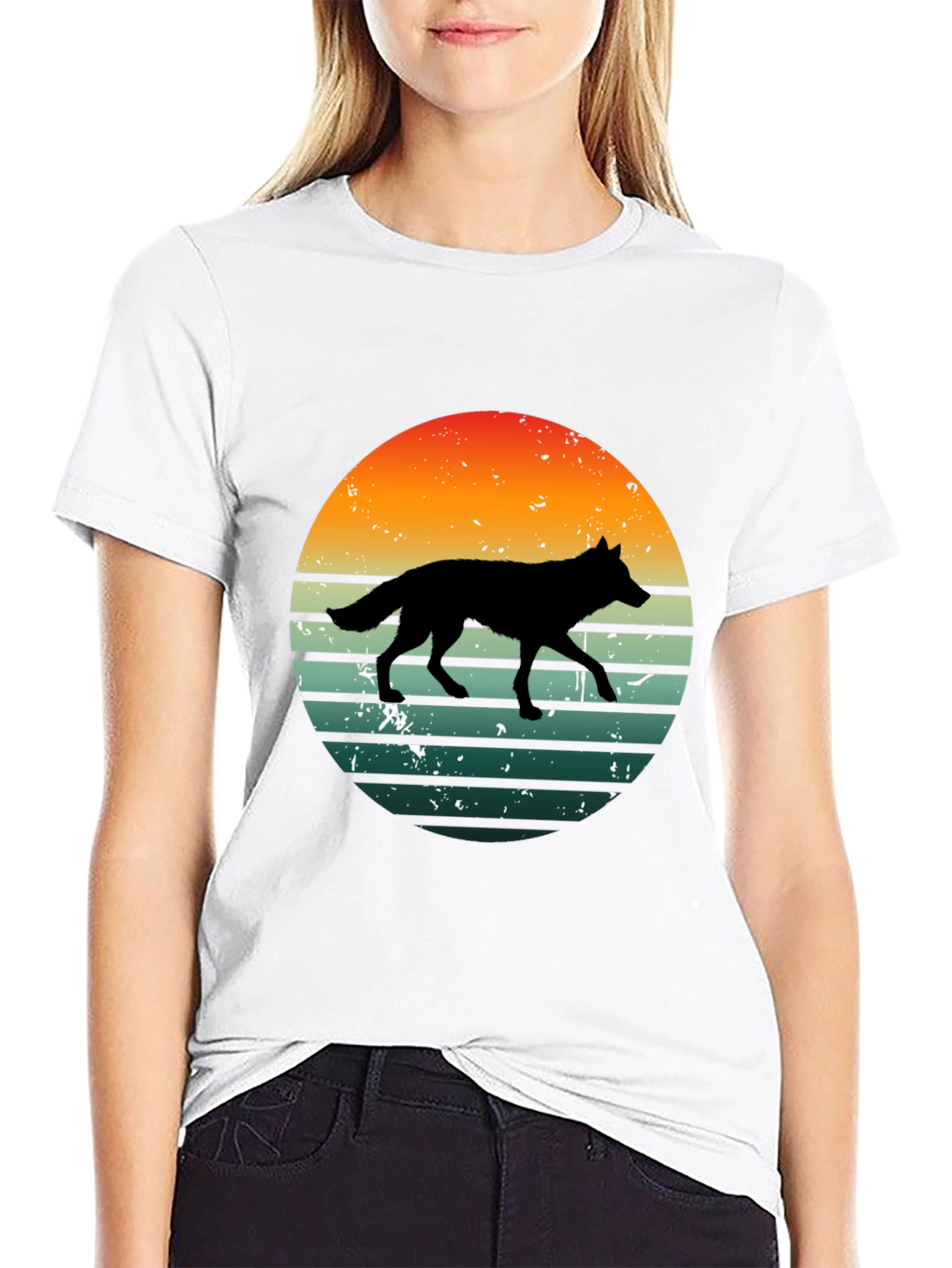 Retro Wolf Sunset Graphic Tee - Black Cotton T-Shirt
