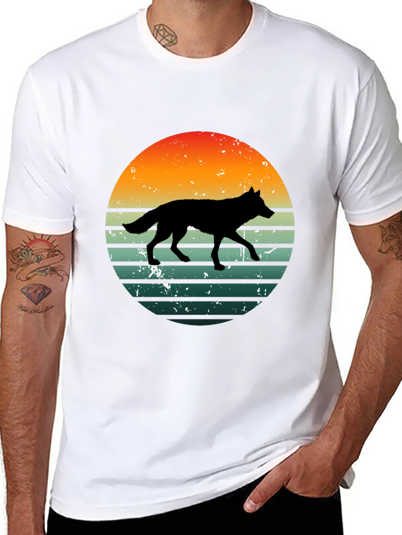 Retro Wolf Sunset Graphic Tee - Black Cotton T-Shirt