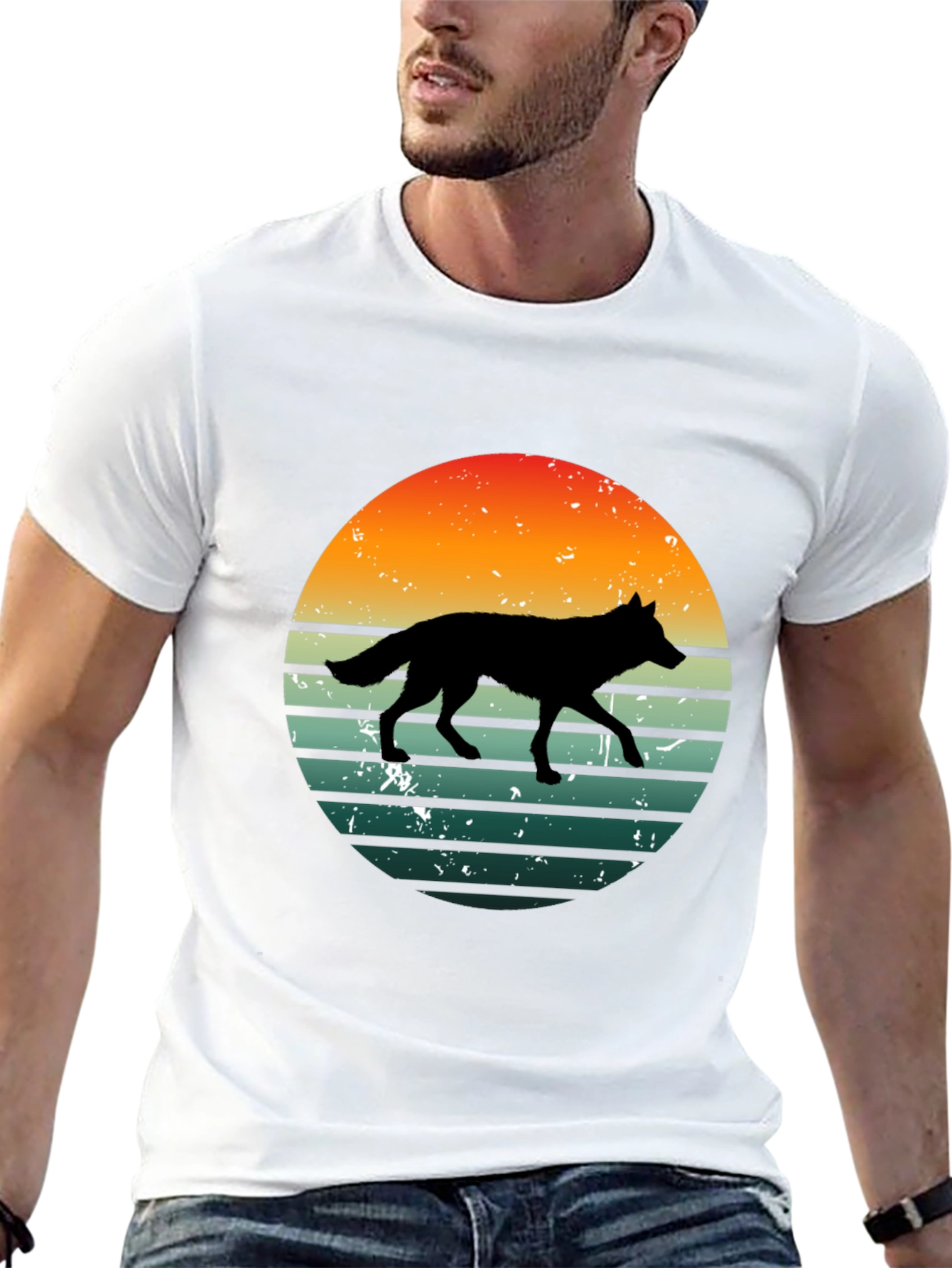 Retro Wolf Sunset Graphic Tee - Black Cotton T-Shirt