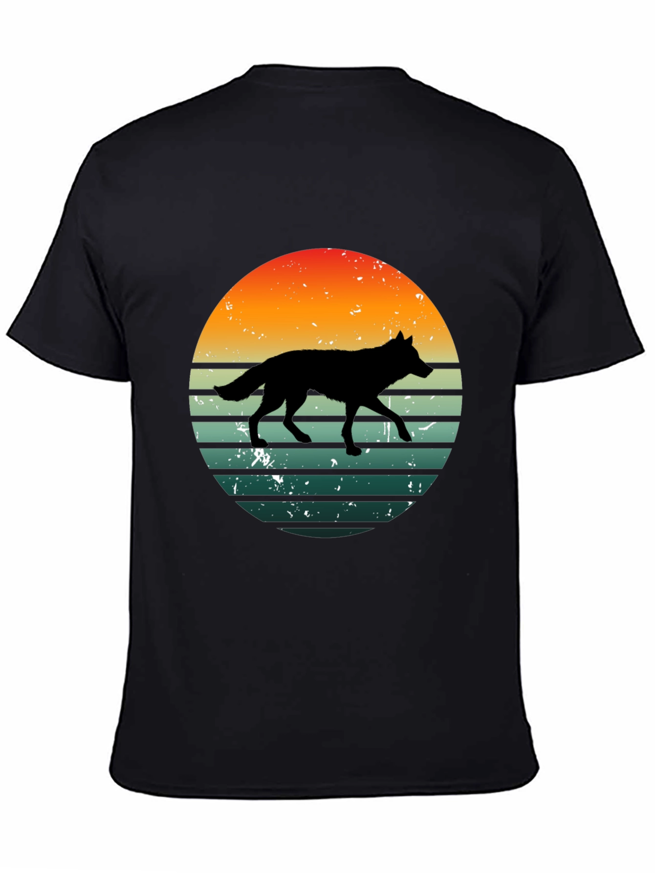 Retro Wolf Sunset Graphic Tee - Black Cotton T-Shirt