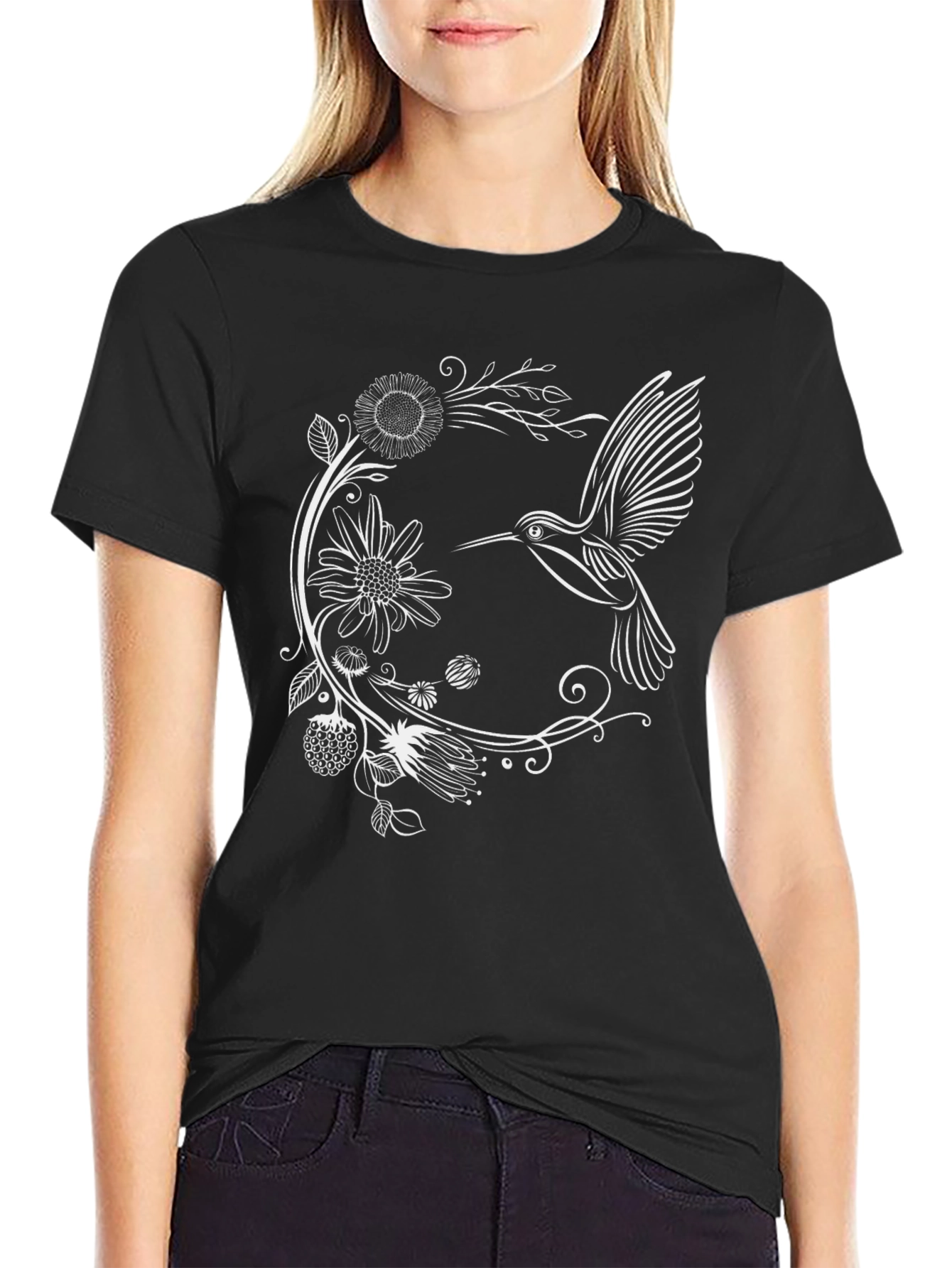 Hummingbird Floral Graphic Tee - Black