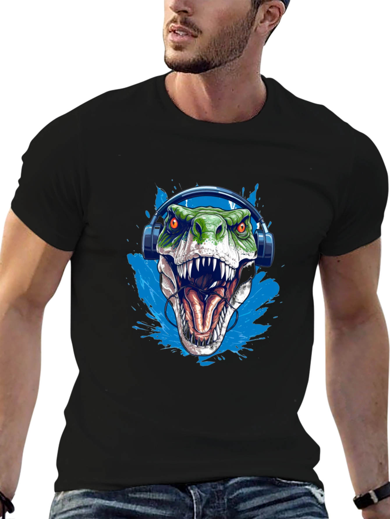 Dino Beats T-Shirt - Green T-Rex with Headphones
