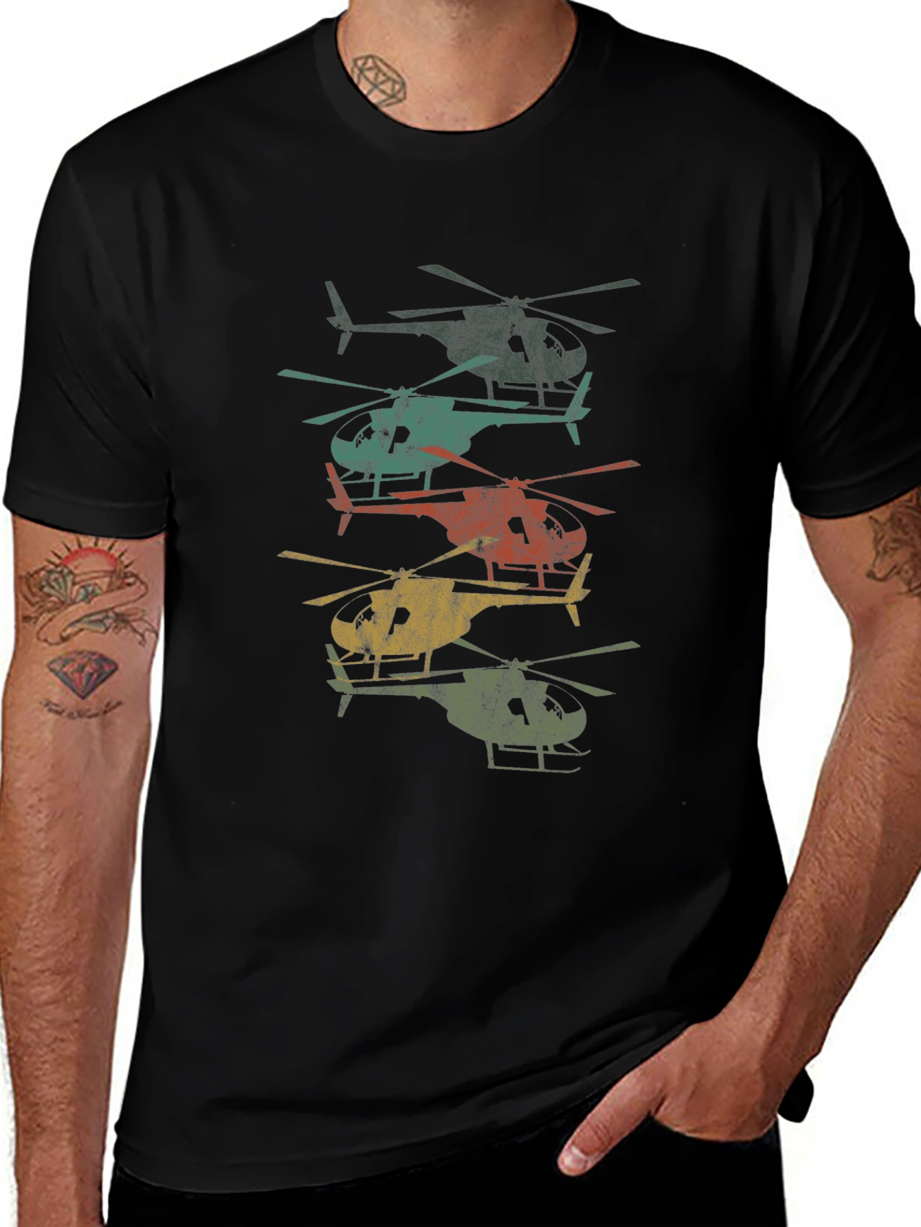 Retro Helicopter Stack Graphic Tee - Black