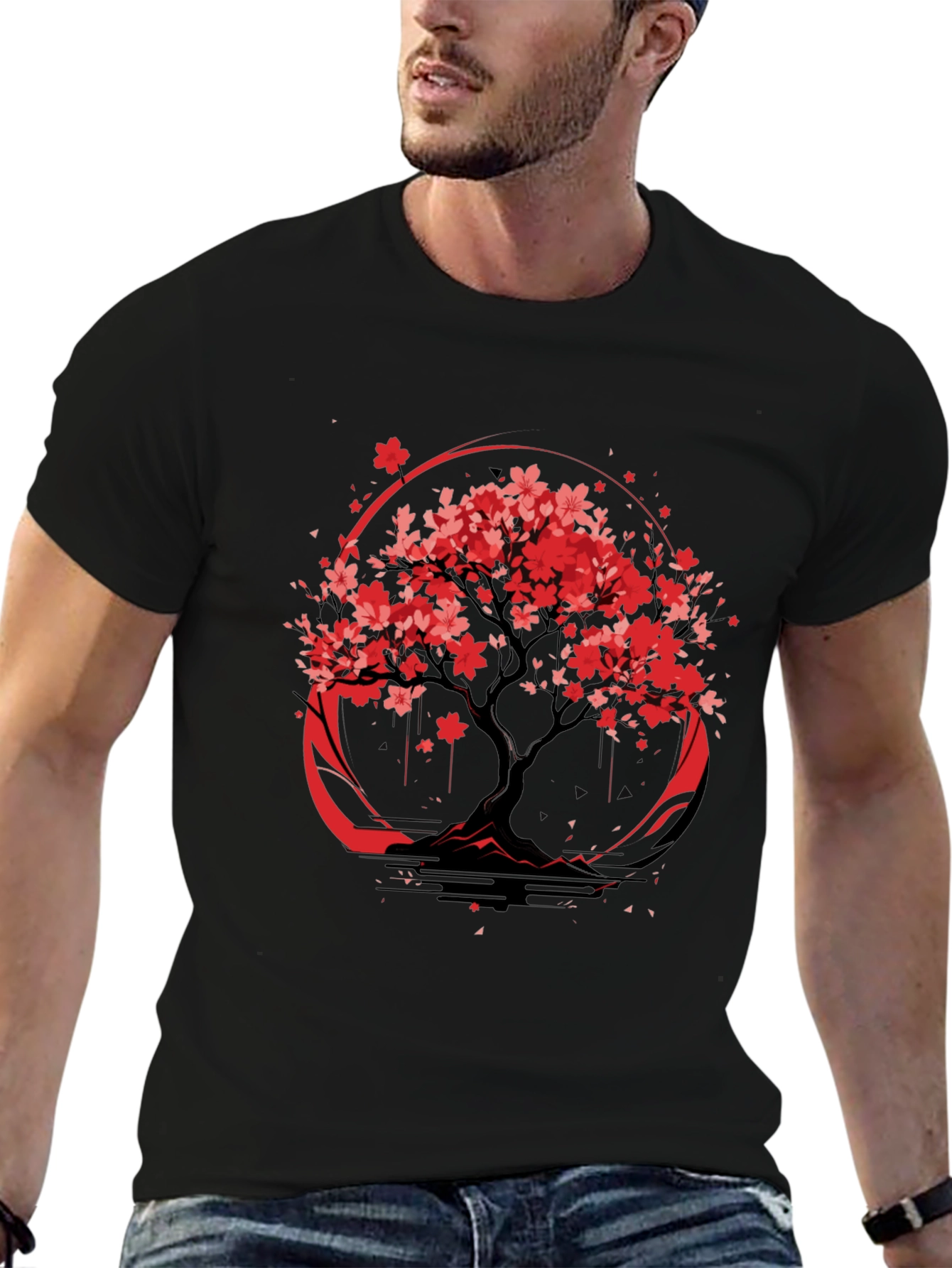 Sakura Tree Graphic Tee - Black Cotton T-Shirt