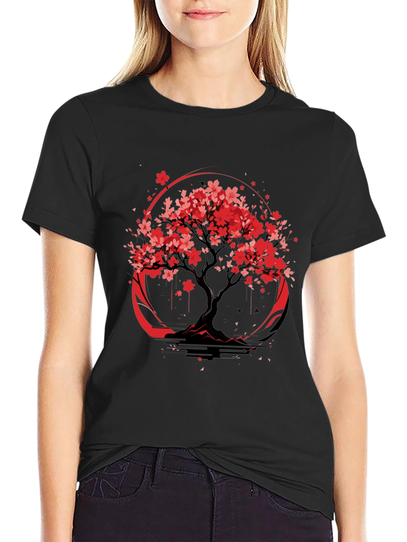 Sakura Tree Graphic Tee - Black Cotton T-Shirt