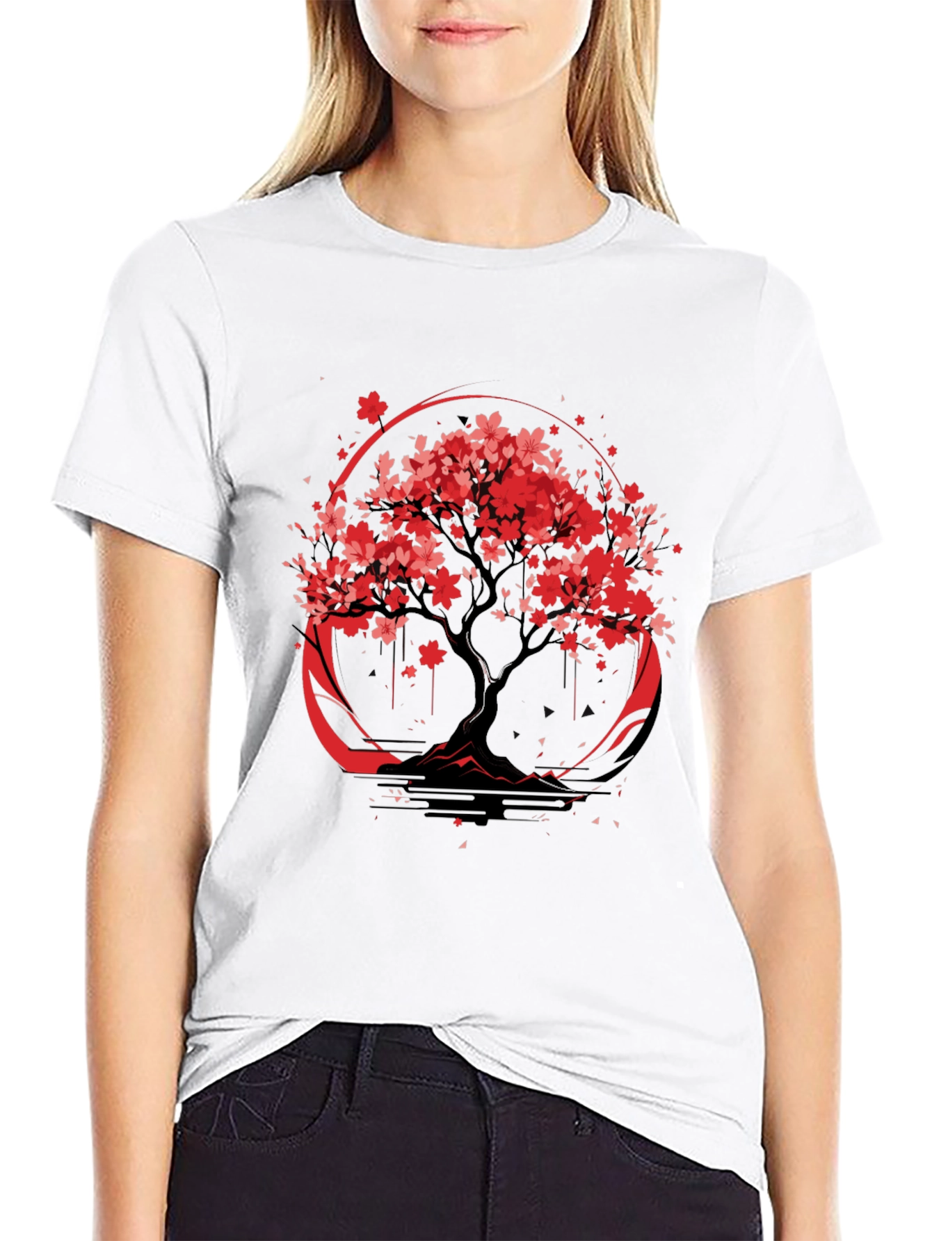 Sakura Tree Graphic Tee - Black Cotton T-Shirt