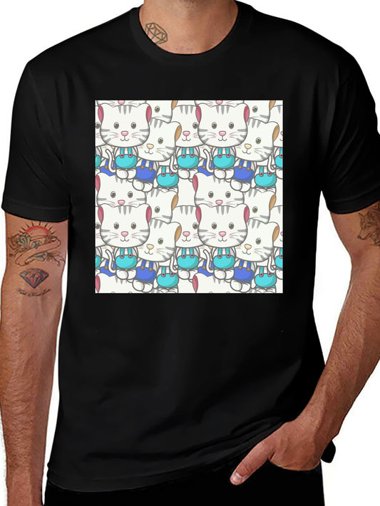 Cute Cats Pattern Black T-Shirt