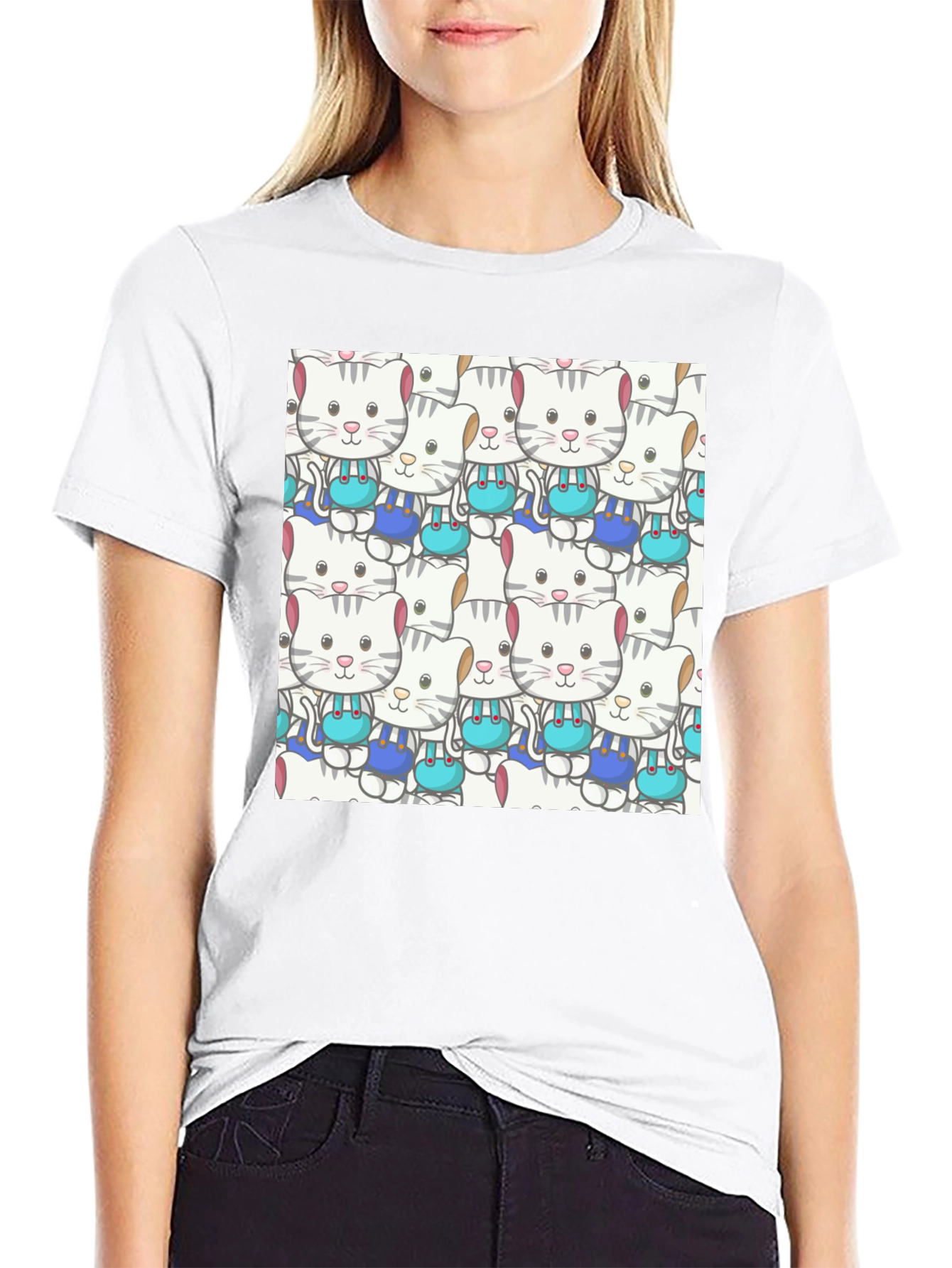 Cute Cats Pattern Black T-Shirt