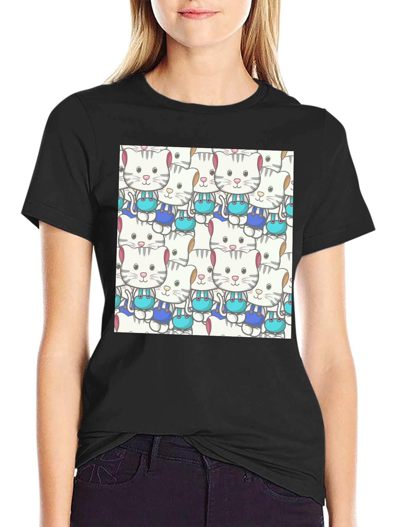 Cute Cats Pattern Black T-Shirt