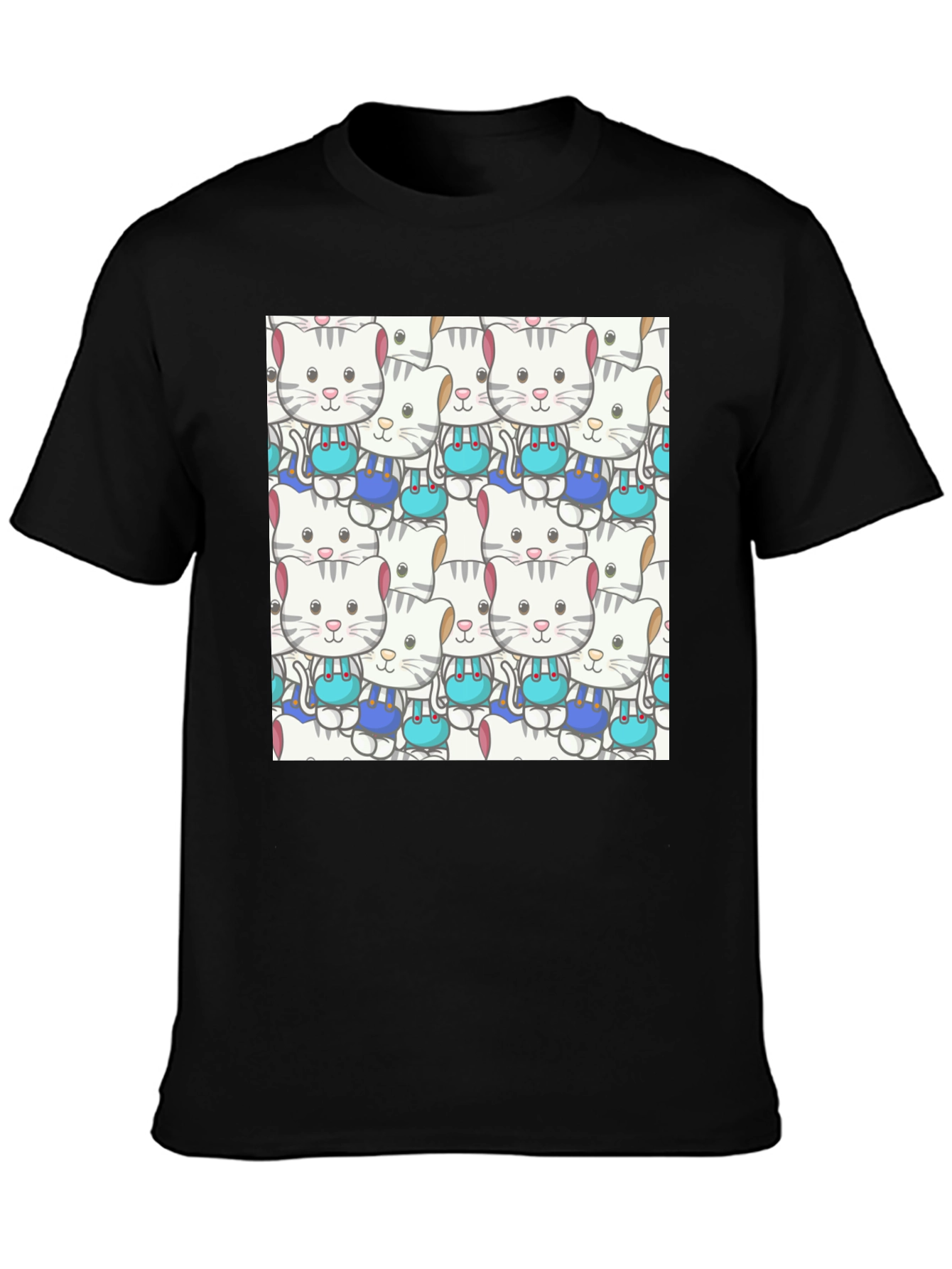 Cute Cats Pattern Black T-Shirt
