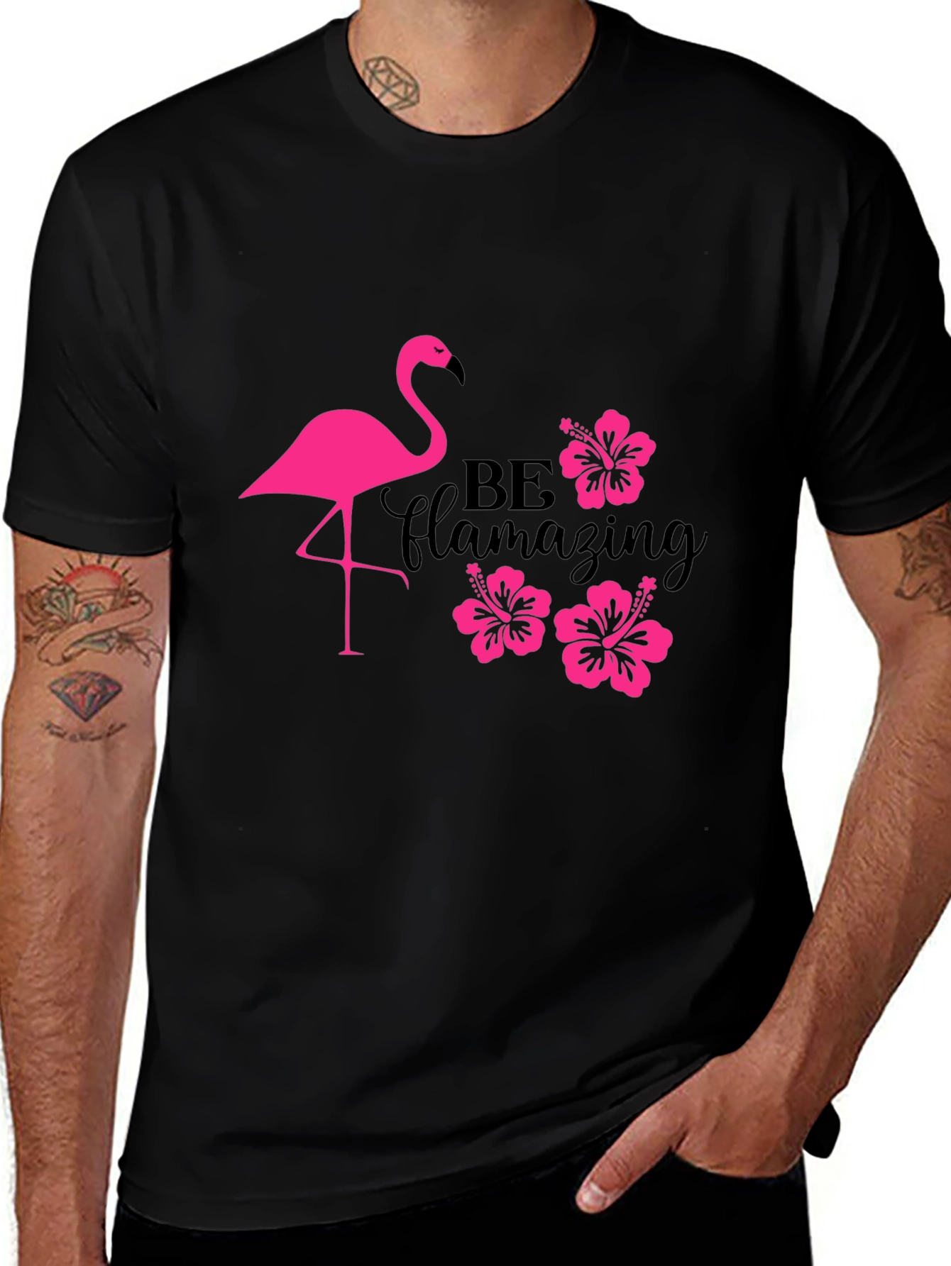 Flamingo Hibiscus T-Shirt - Be Flamazing Black Tee