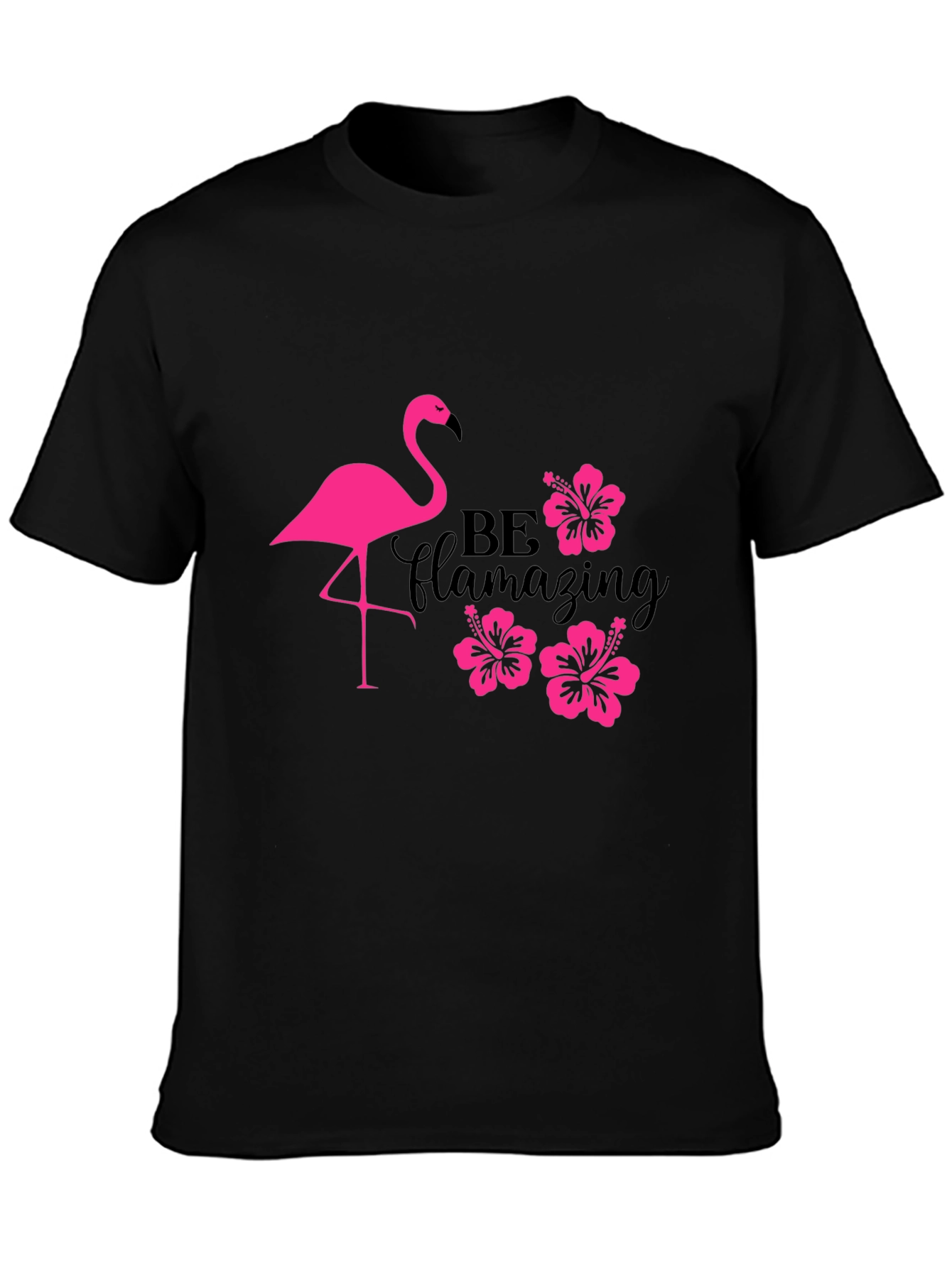 Flamingo Hibiscus T-Shirt - Be Flamazing Black Tee