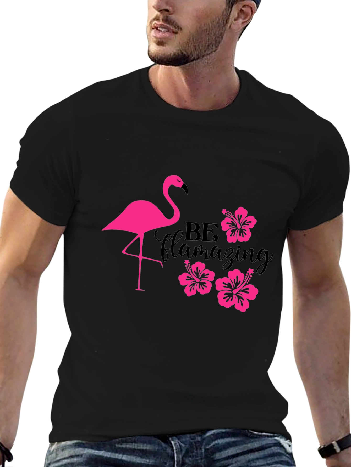 Flamingo Hibiscus T-Shirt - Be Flamazing Black Tee